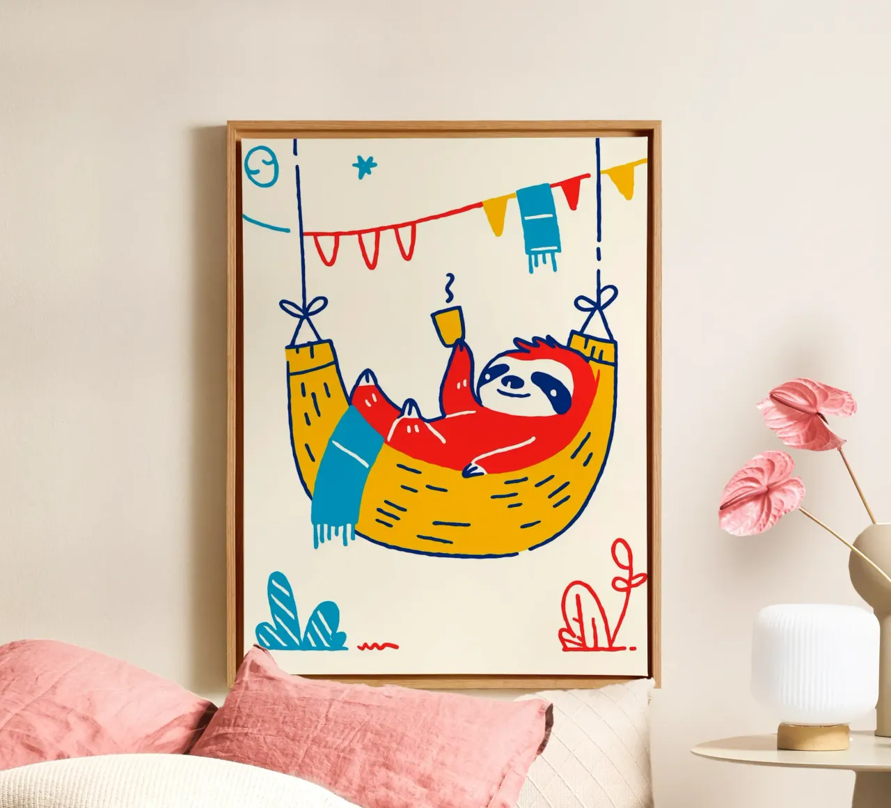Sloth in Hammock with Coffee canvas with Floater frame by Anna Müller
