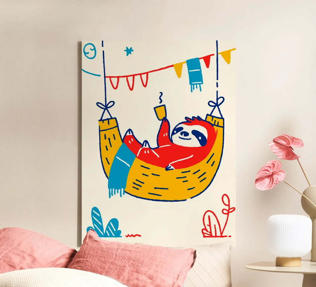 Sloth in Hammock with Coffee canvas with Floater frame by Anna Müller