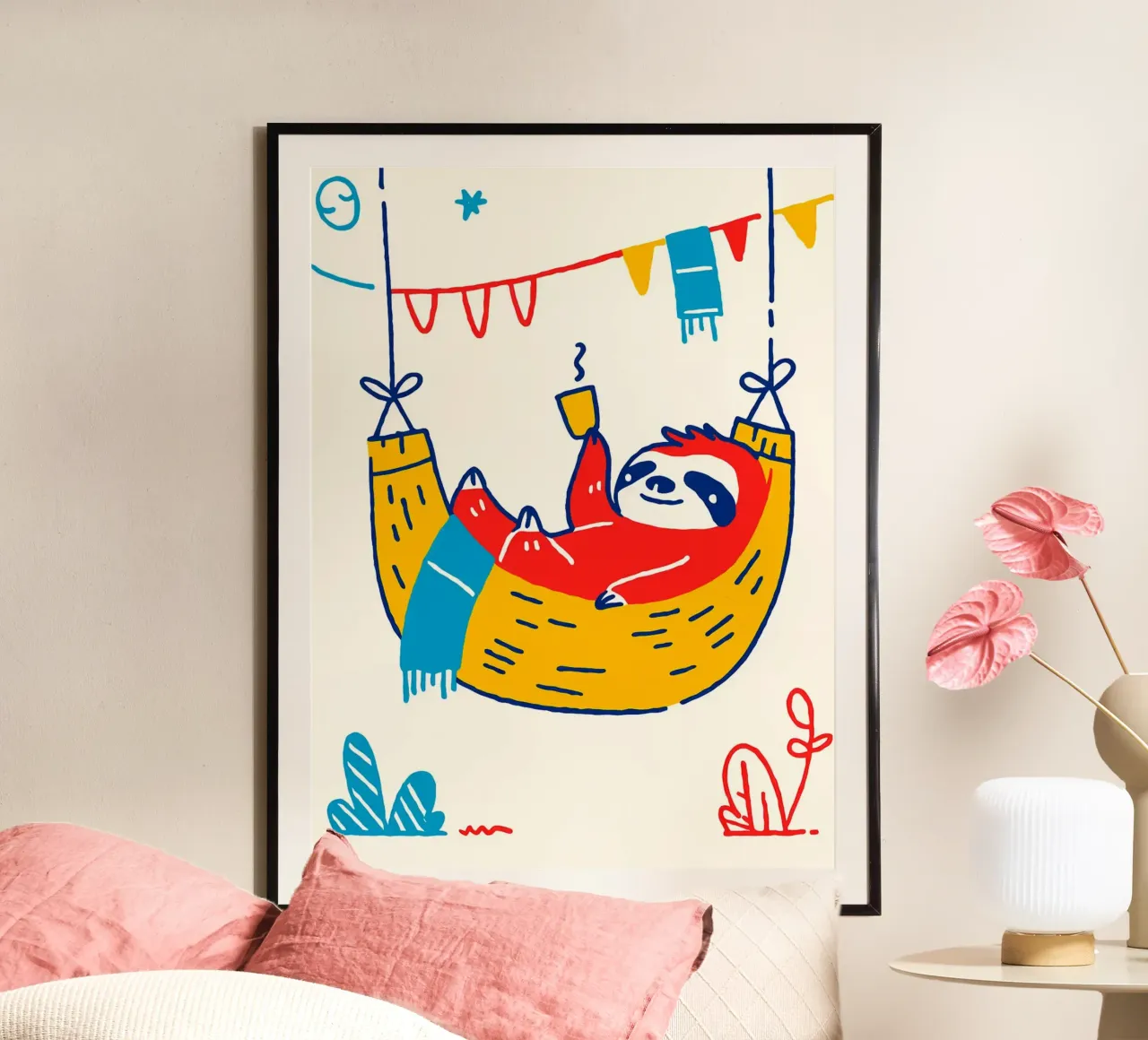Sloth in Hammock with Coffee poster by Anna Müller
