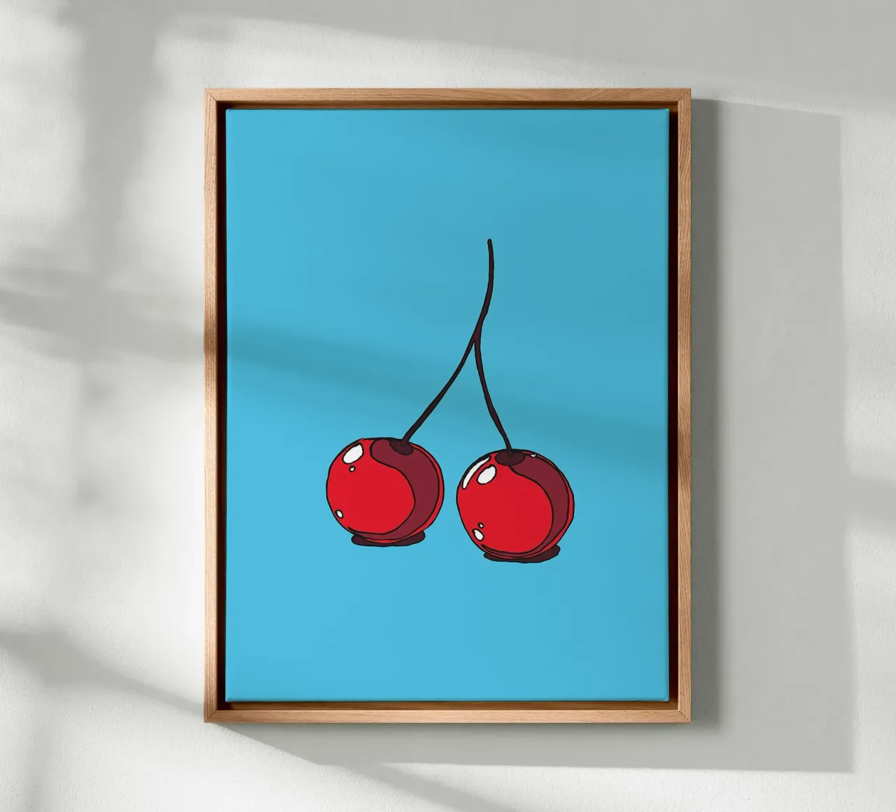 Twee kersen op blauw canvas met Baklijst van Hannah Meyer