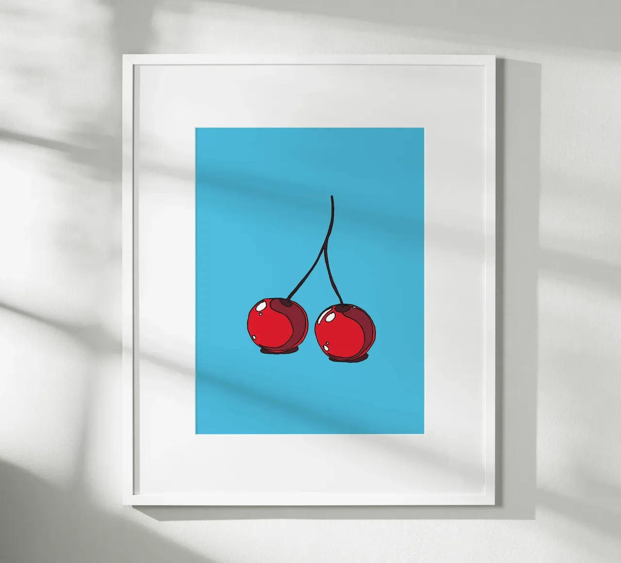 Due ciliegie su blu poster con telaio in legno da Hannah Meyer