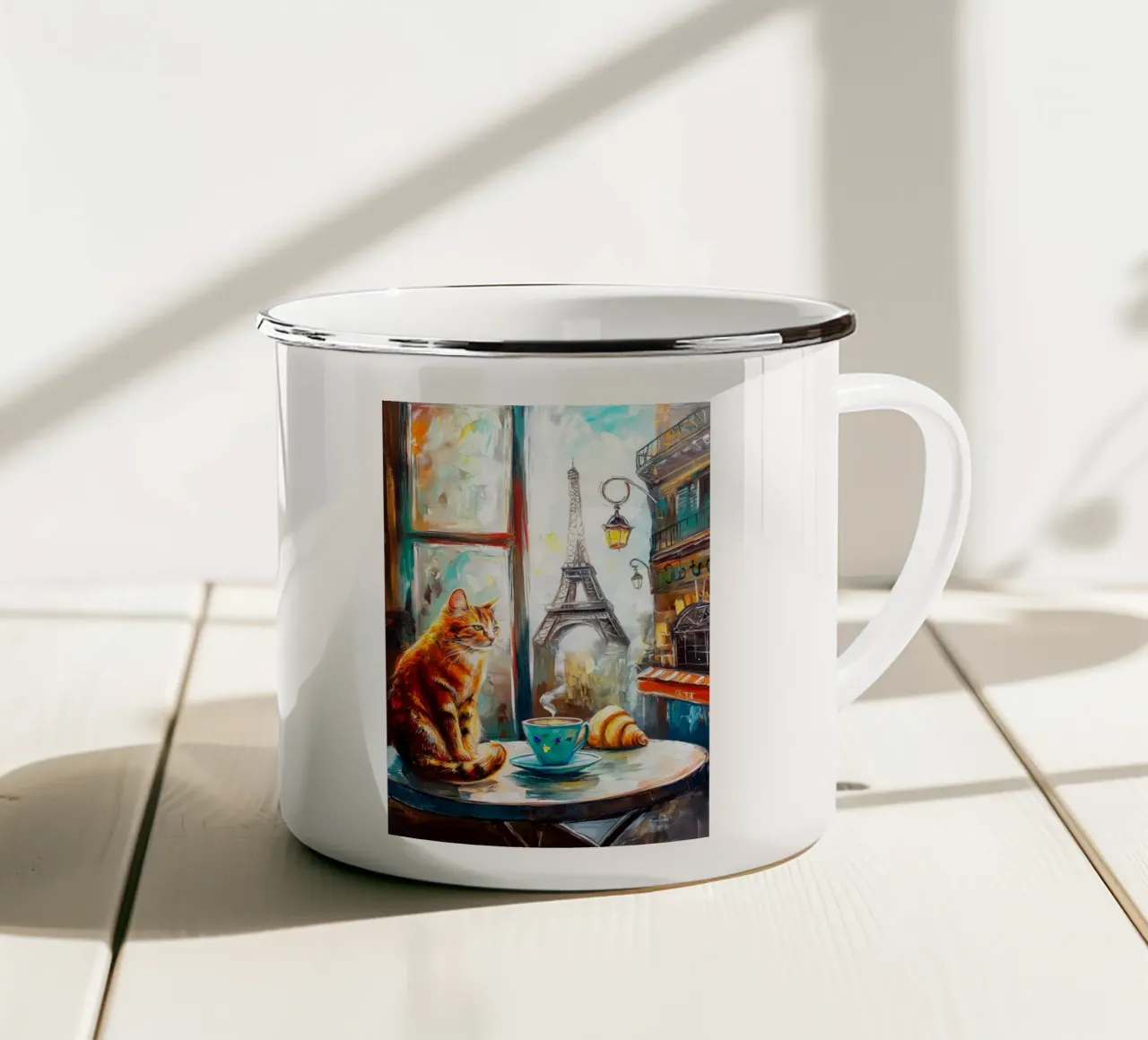 Gatto parigino con croissant e caffè tazza in smalto da Stellar Creative