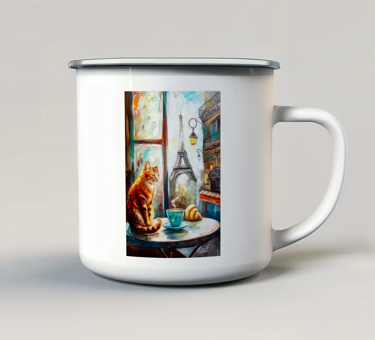 Gatto parigino con croissant e caffè tazza in smalto da Stellar Creative