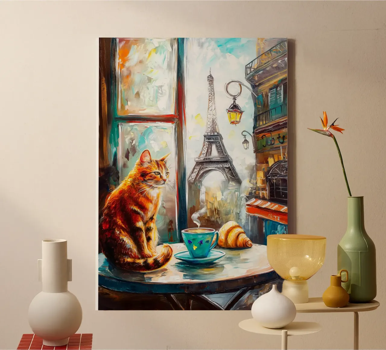 Parisian Cat with Croissant and Coffee canvas with Floater frame by Stellar Creative