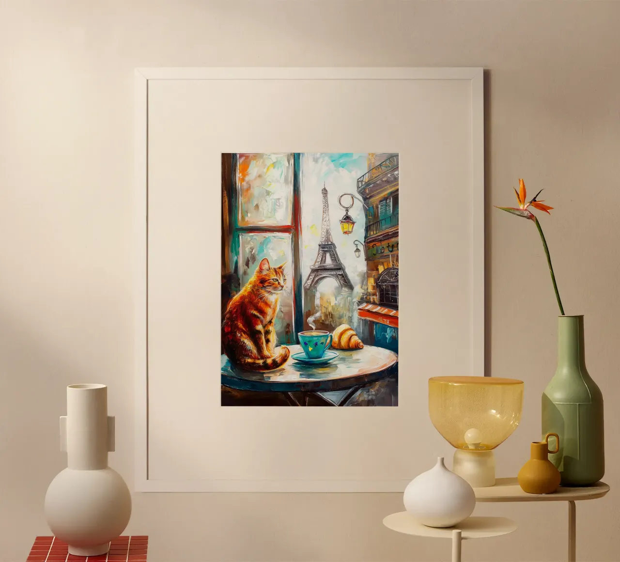 Gatto parigino con croissant e caffè poster da Stellar Creative
