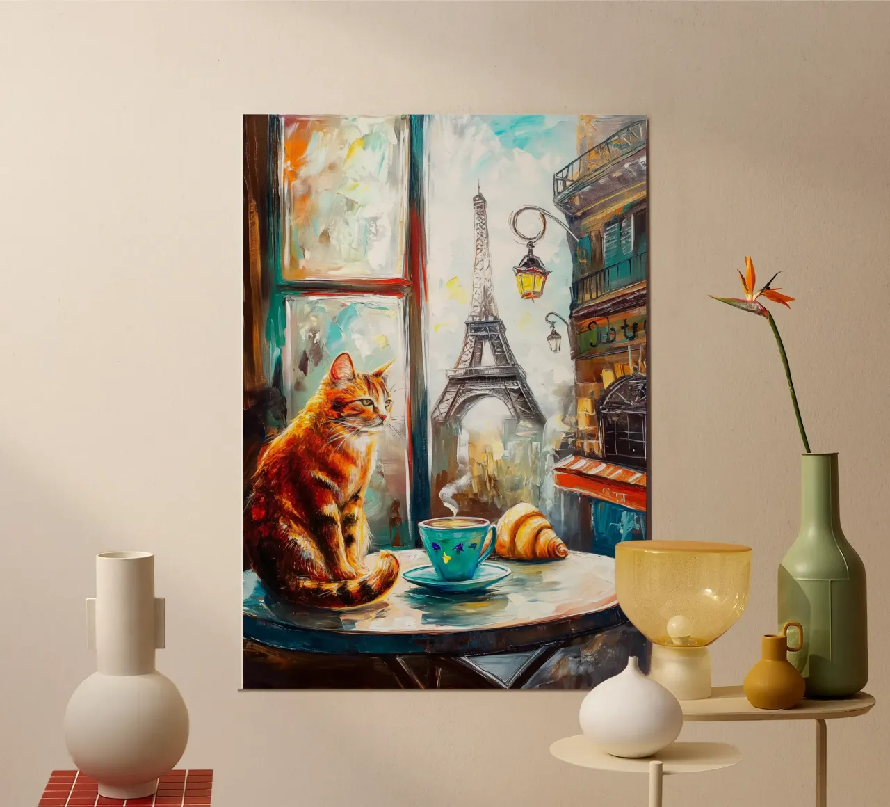 Gatto parigino con croissant e caffè poster da Stellar Creative