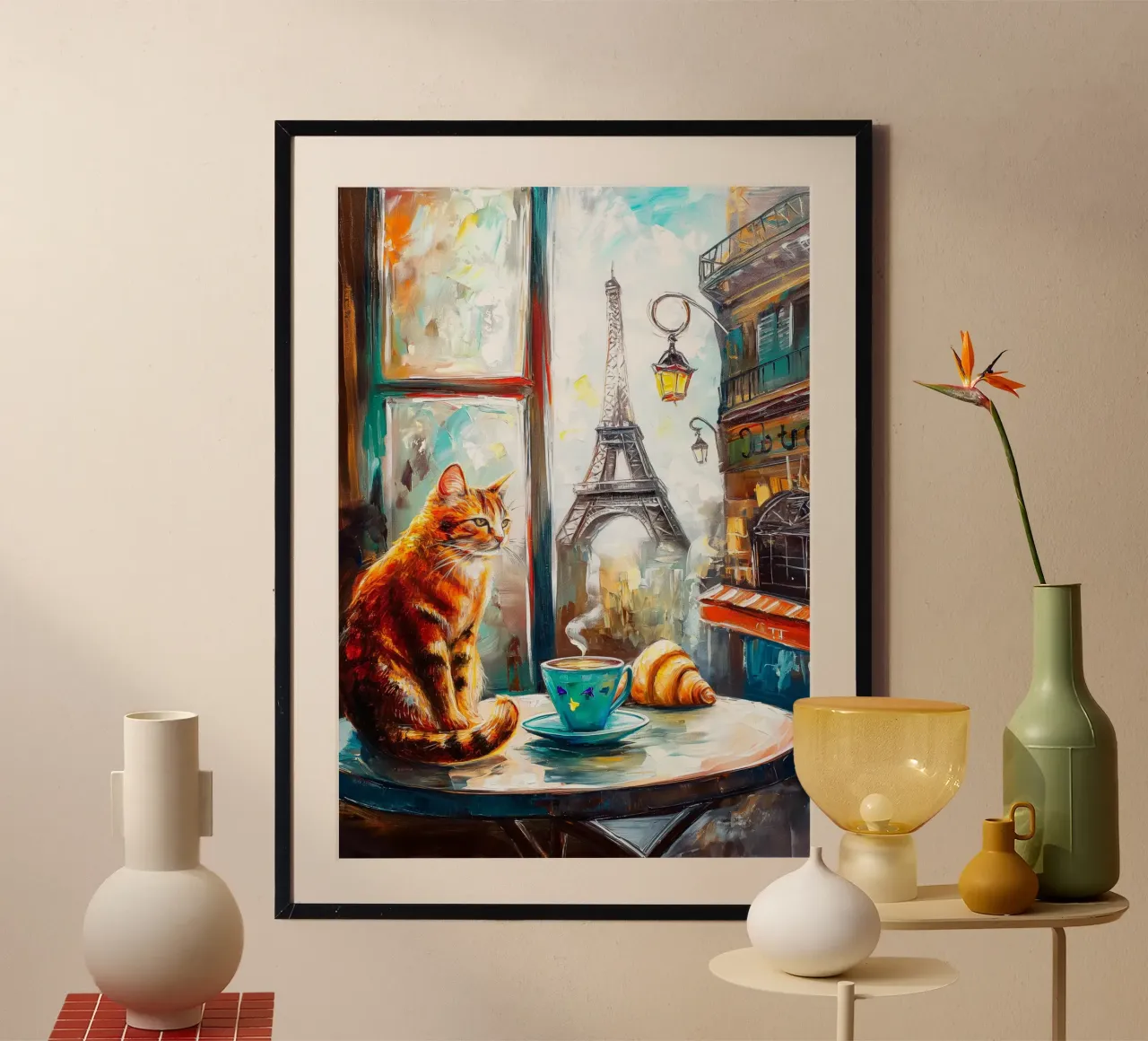 Gatto parigino con croissant e caffè poster da Stellar Creative