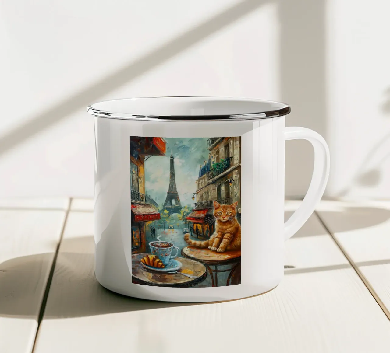 Gatto parigino con croissant e caffè tazza in smalto da Stellar Creative