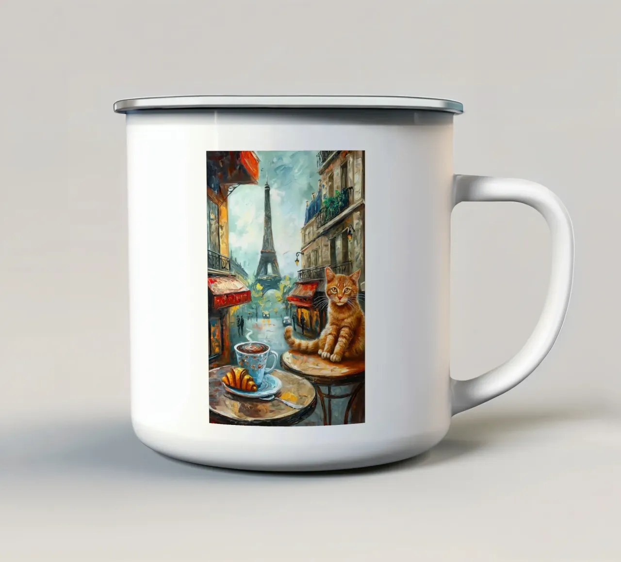 Gatto parigino con croissant e caffè tazza in smalto da Stellar Creative