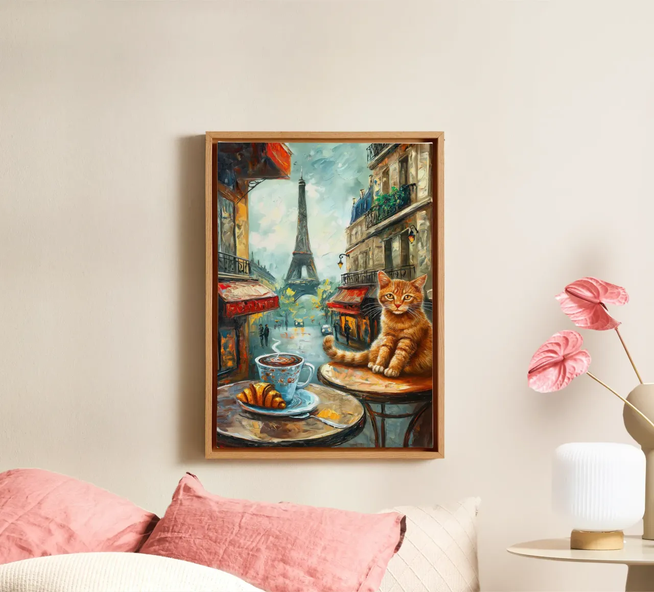 Parisian Cat with Croissant and Coffee canvas with Floater frame by Stellar Creative