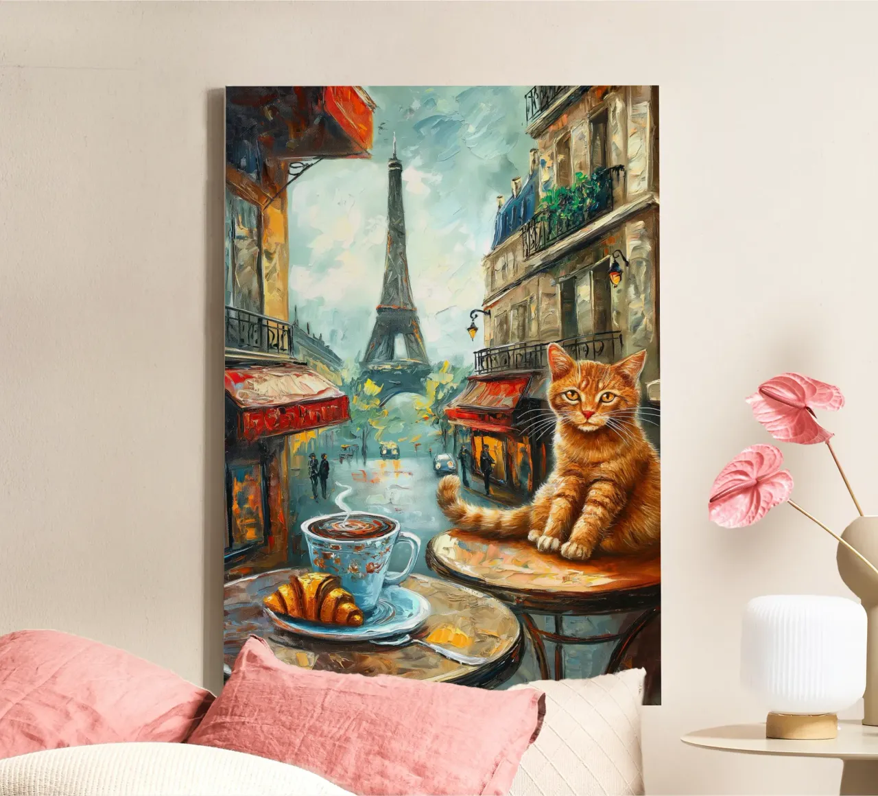 Parisian Cat with Croissant and Coffee canvas with Floater frame by Stellar Creative