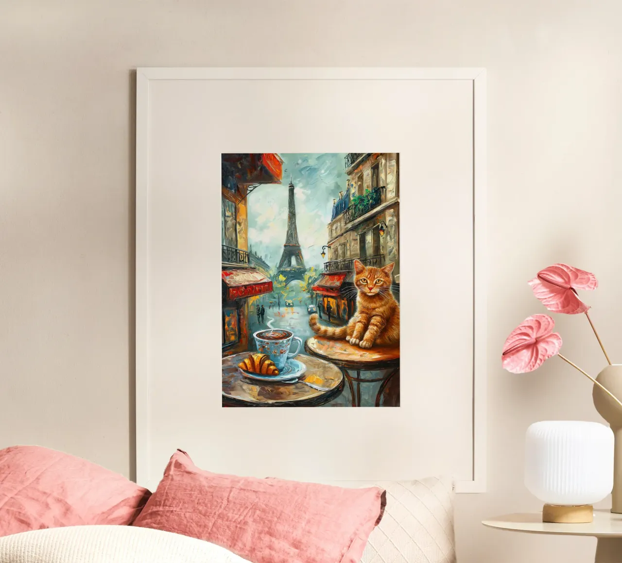 Gatto parigino con croissant e caffè poster da Stellar Creative