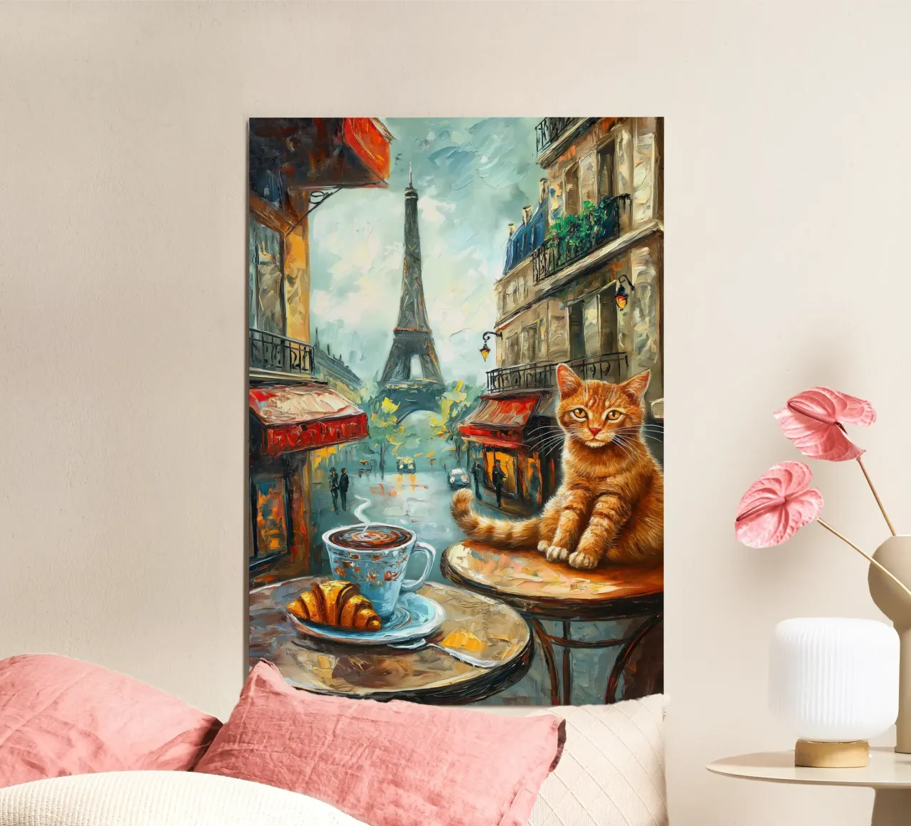 Gatto parigino con croissant e caffè poster da Stellar Creative