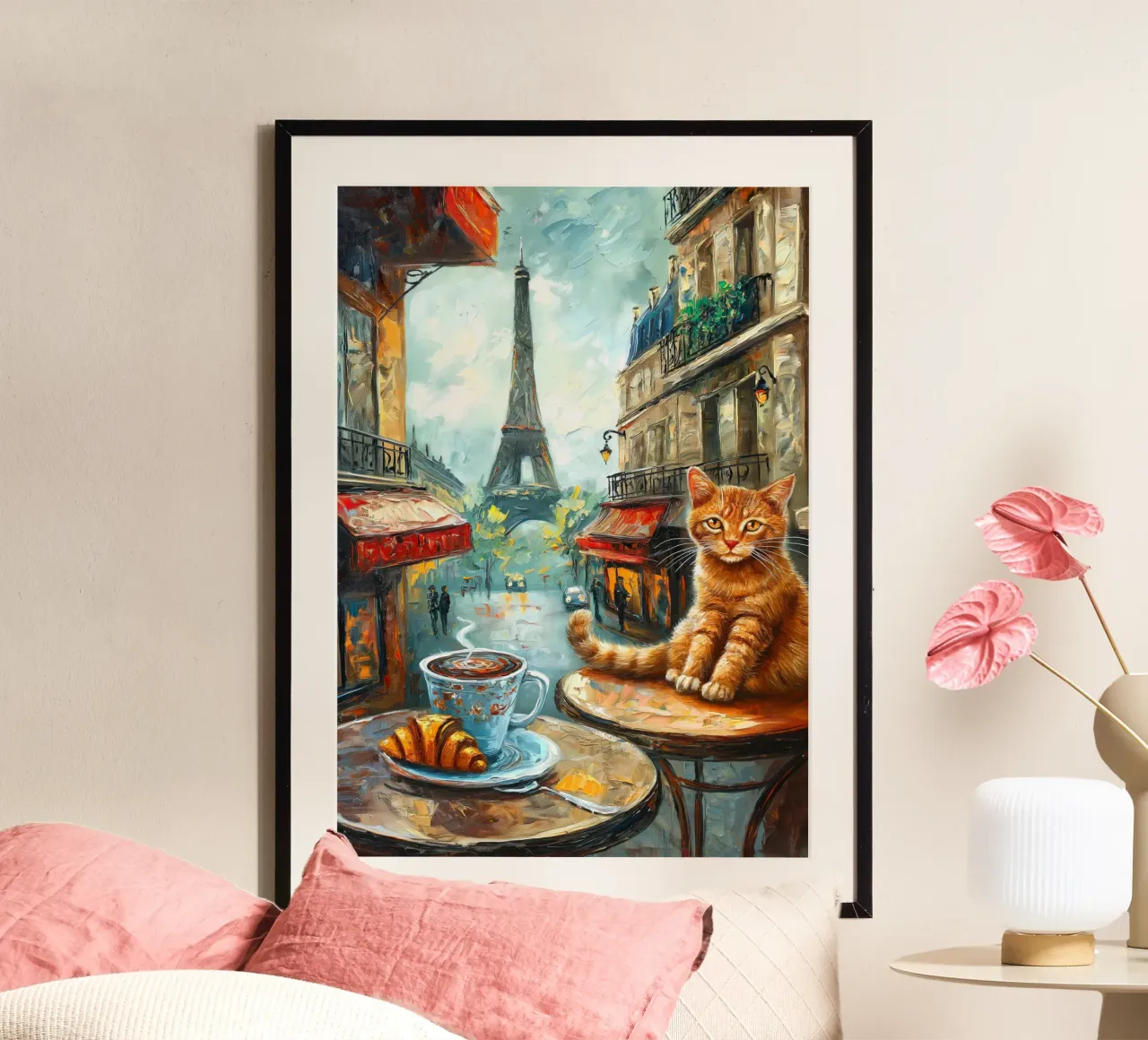 Gatto parigino con croissant e caffè poster da Stellar Creative