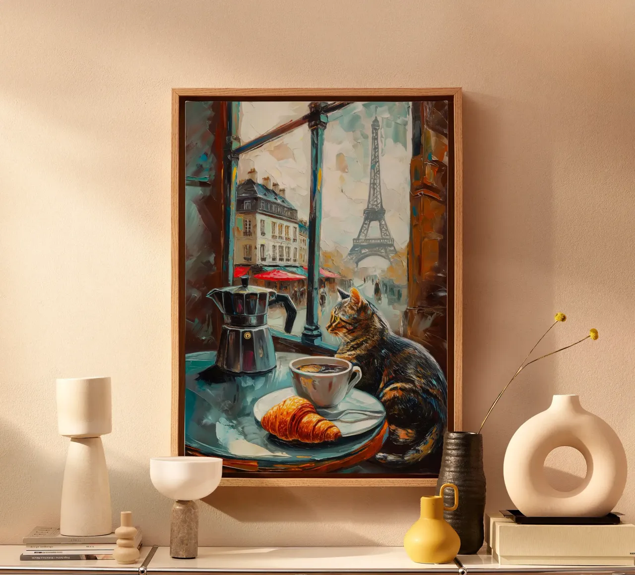 Parisian Cat with Croissant and Coffee canvas with Floater frame by Stellar Creative