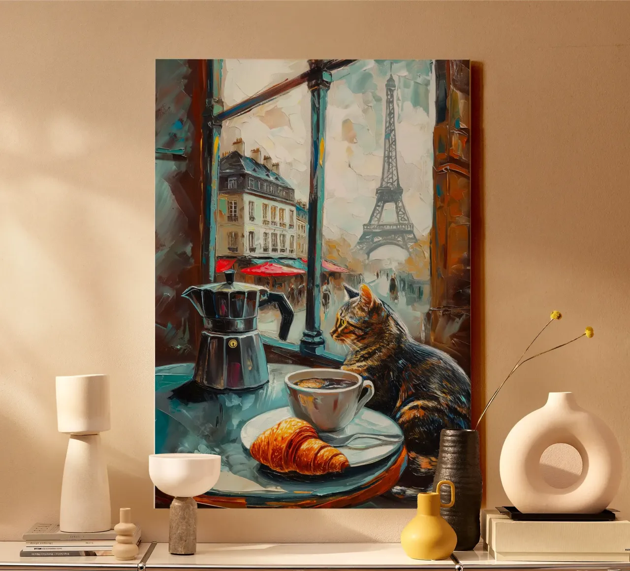 Parisian Cat with Croissant and Coffee canvas with Floater frame by Stellar Creative