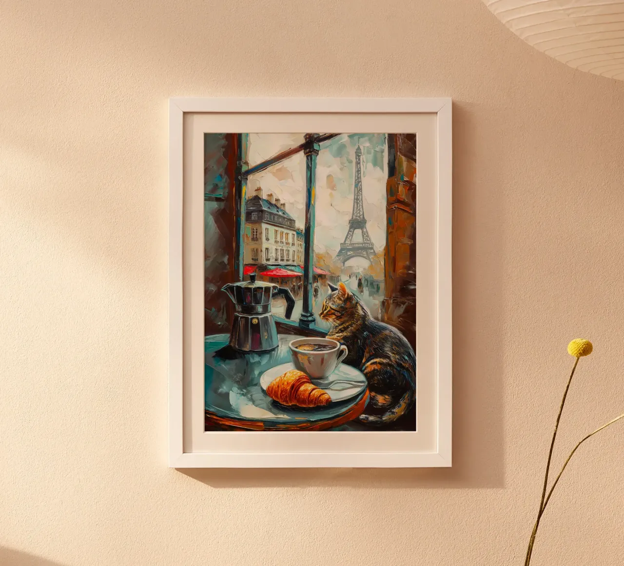 Gatto parigino con croissant e caffè poster da Stellar Creative