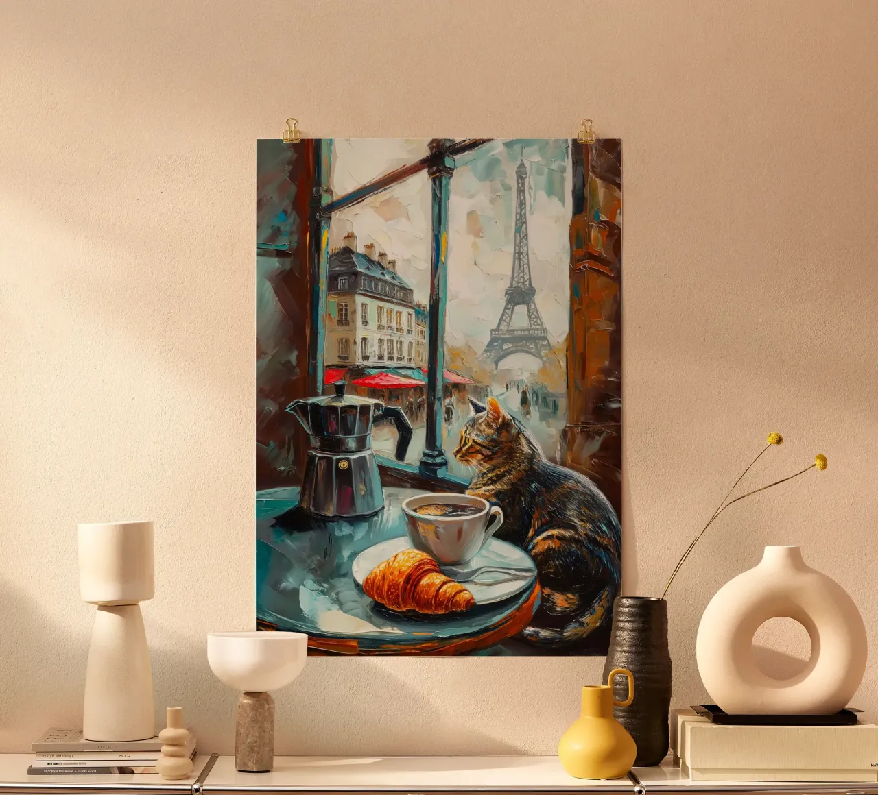 Gatto parigino con croissant e caffè poster da Stellar Creative