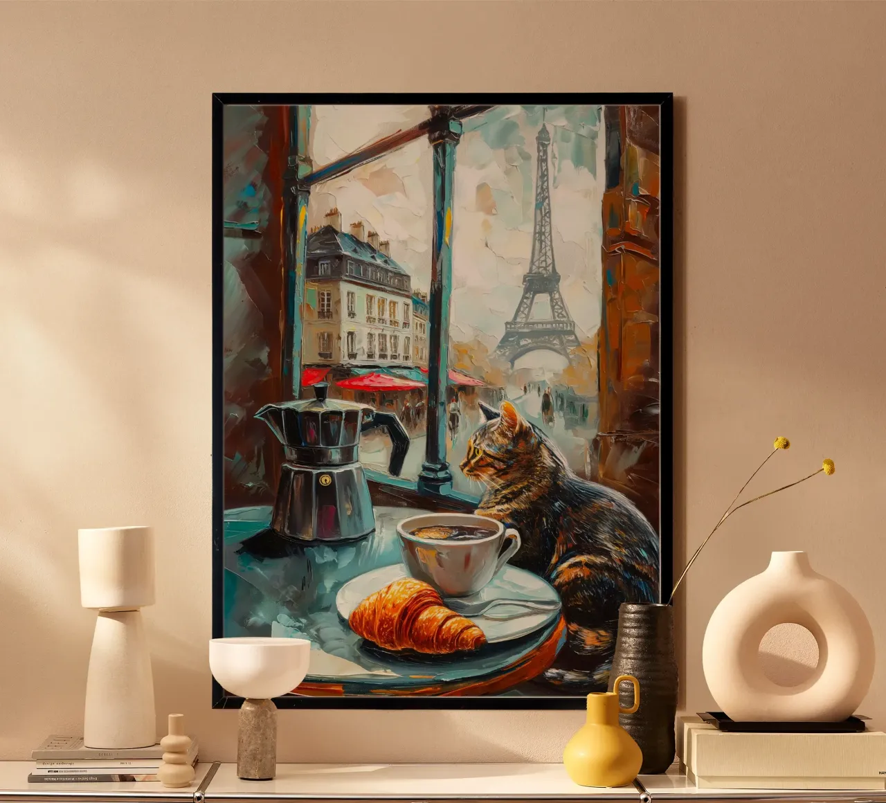 Gatto parigino con croissant e caffè poster da Stellar Creative