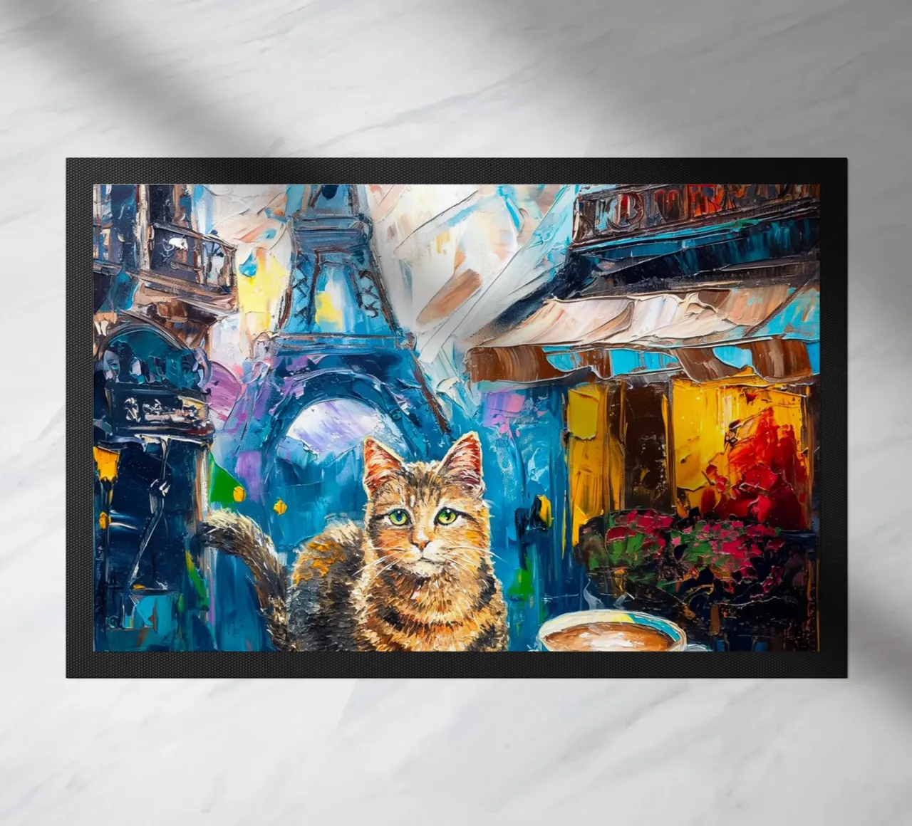 Gatto parigino con croissant e caffè zerbino da Stellar Creative