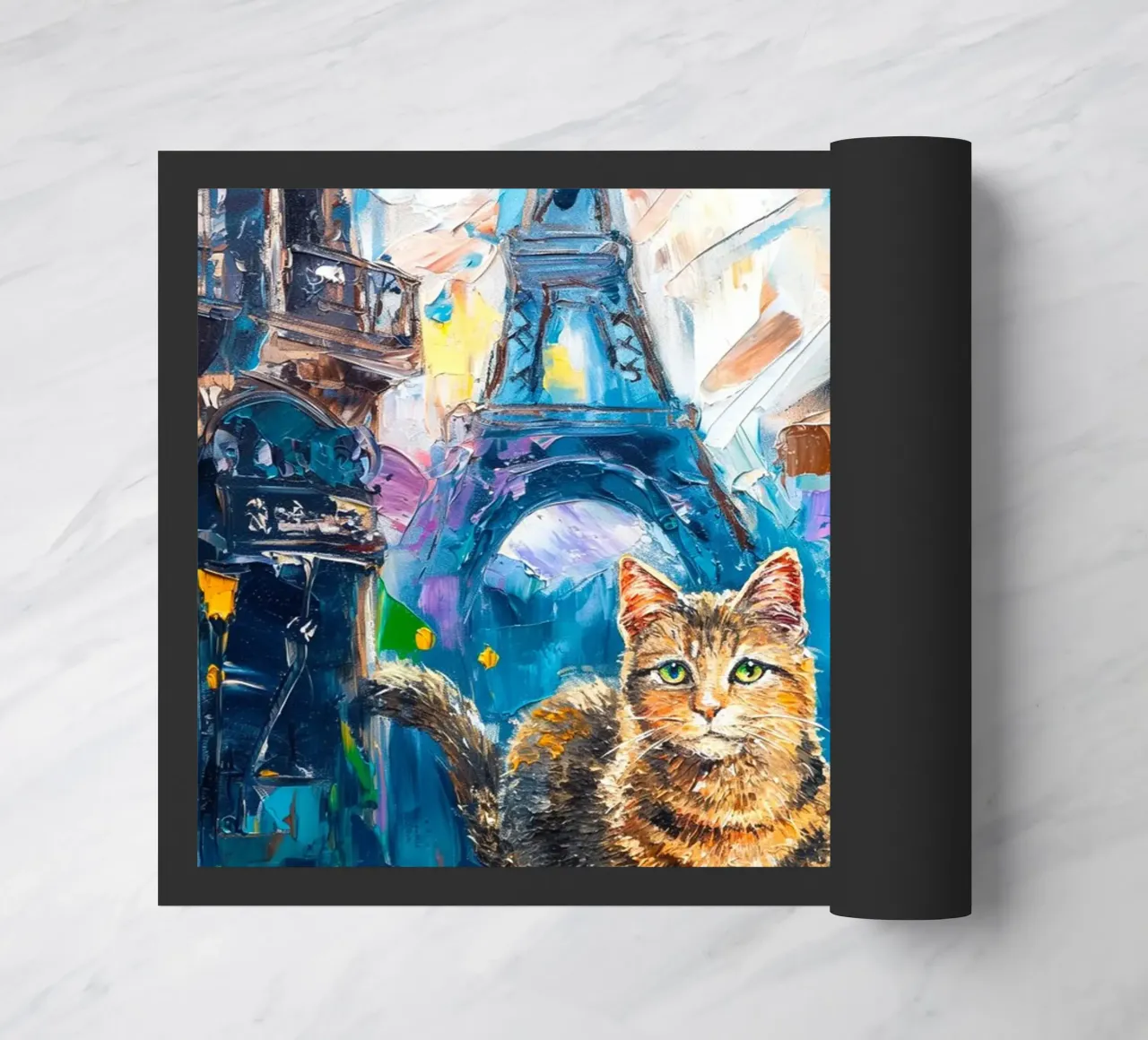 Gatto parigino con croissant e caffè zerbino da Stellar Creative