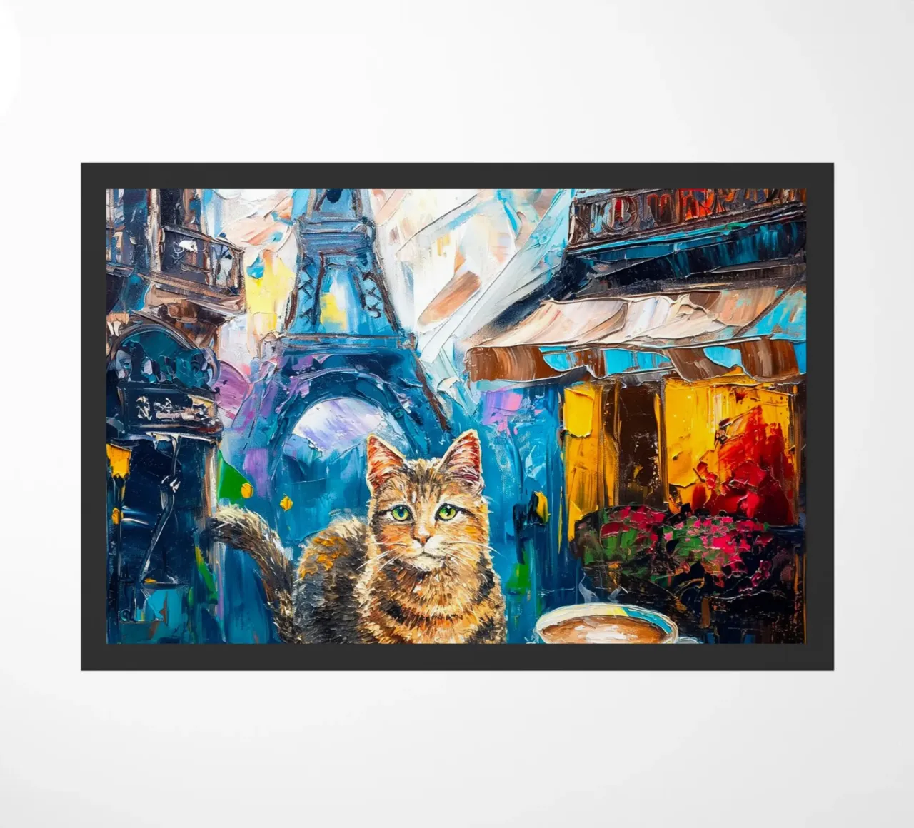 Gatto parigino con croissant e caffè zerbino da Stellar Creative