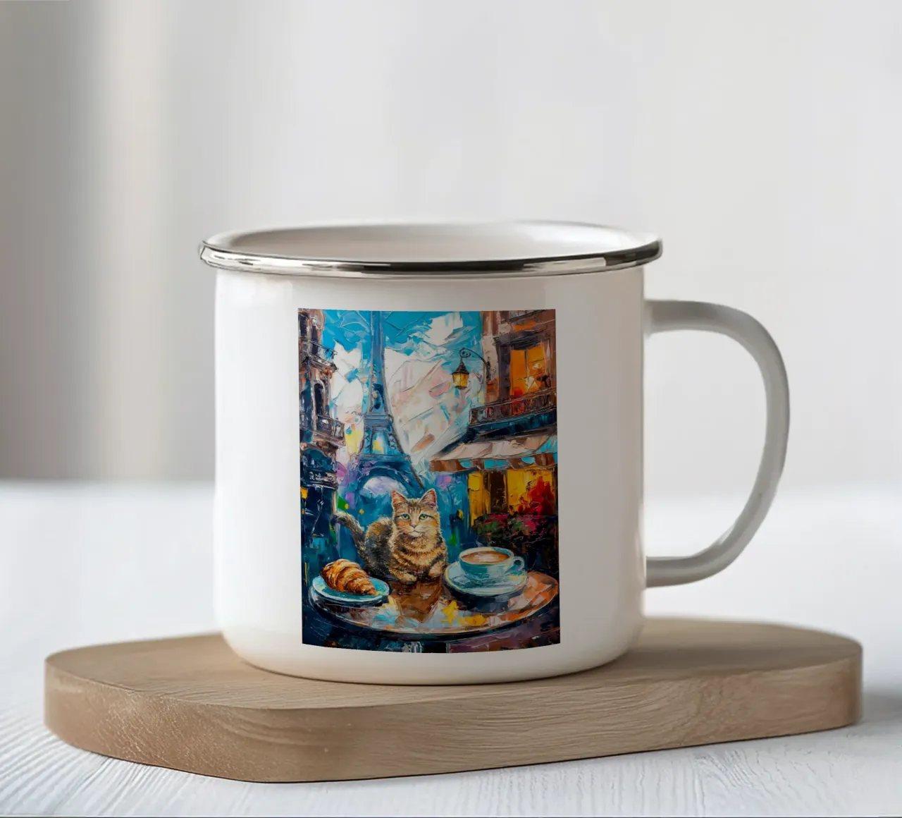 Gatto parigino con croissant e caffè tazza in smalto da Stellar Creative