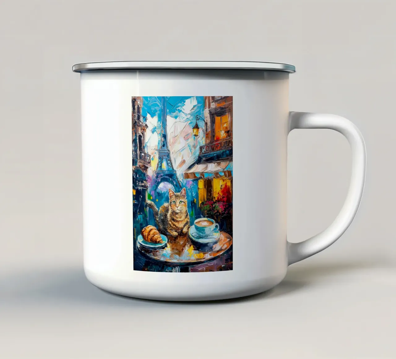 Gatto parigino con croissant e caffè tazza in smalto da Stellar Creative