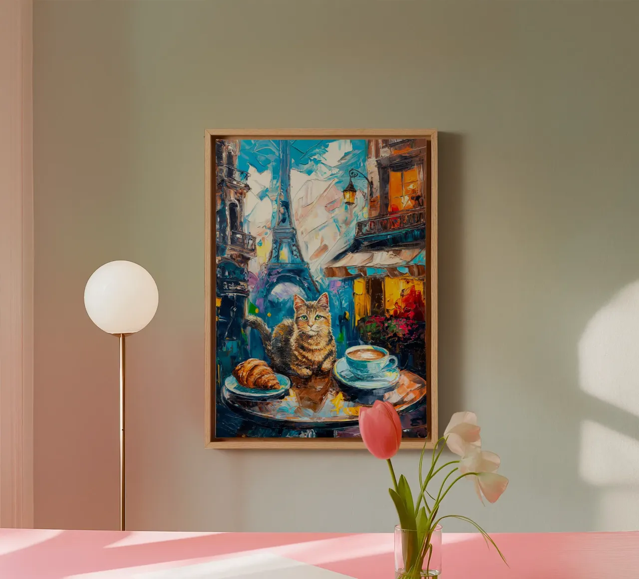 Parisian Cat with Croissant and Coffee canvas with Floater frame by Stellar Creative
