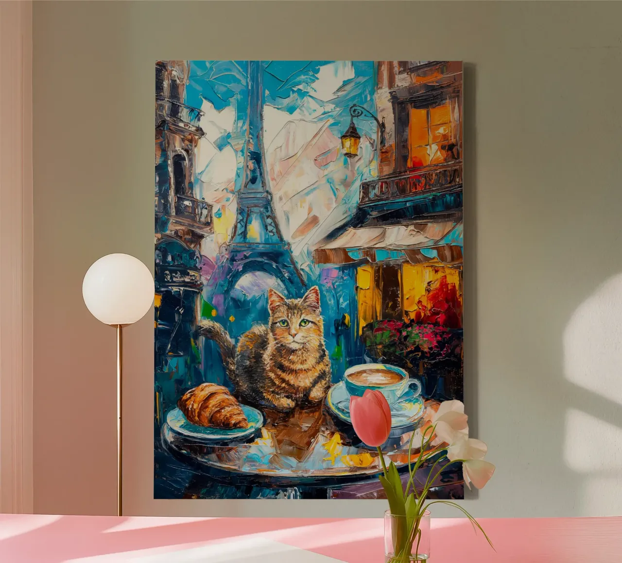 Parisian Cat with Croissant and Coffee canvas with Floater frame by Stellar Creative