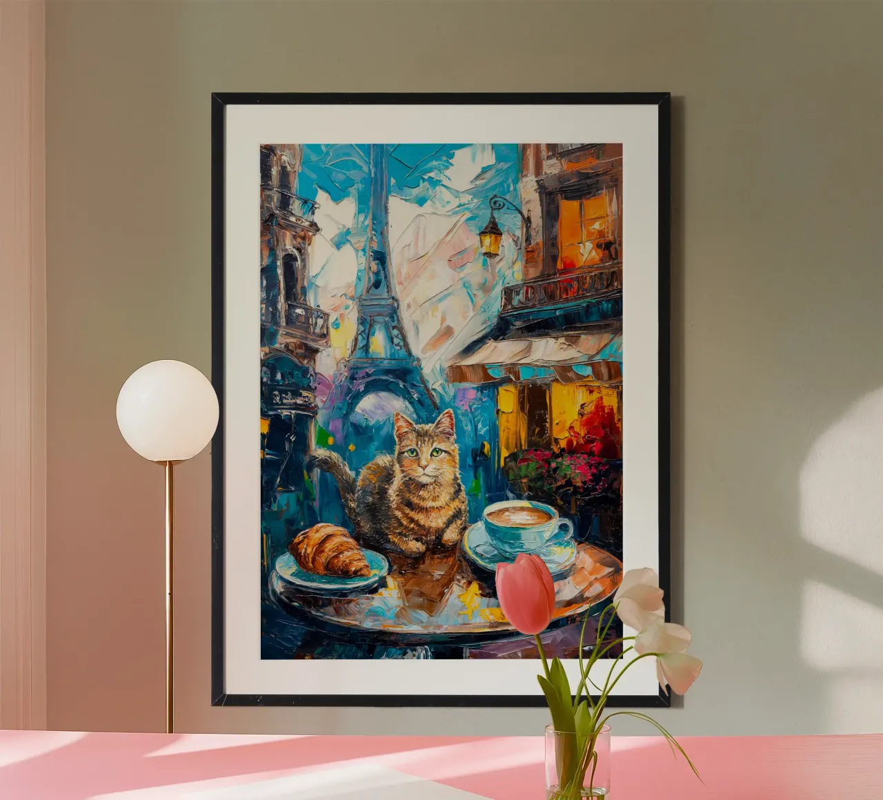 Gatto parigino con croissant e caffè poster da Stellar Creative
