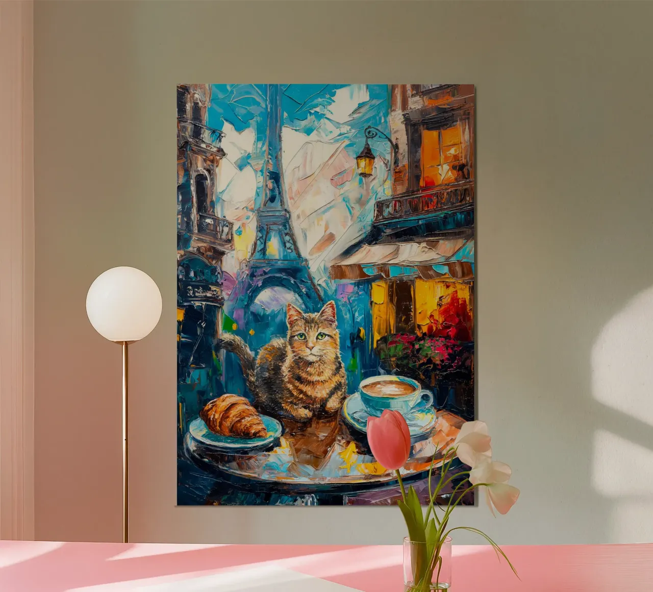 Gatto parigino con croissant e caffè poster da Stellar Creative