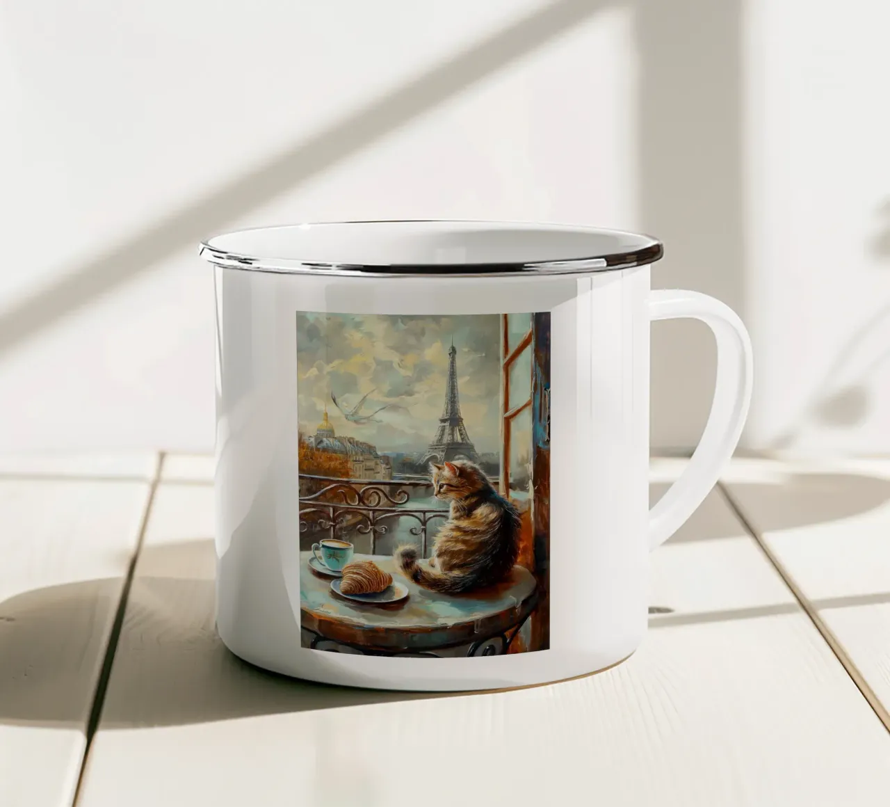 Gatto parigino con croissant e caffè tazza in smalto da Stellar Creative