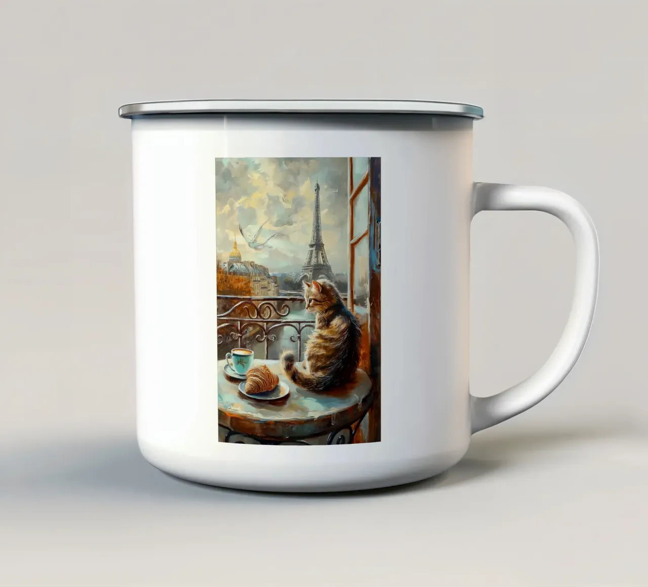 Gatto parigino con croissant e caffè tazza in smalto da Stellar Creative