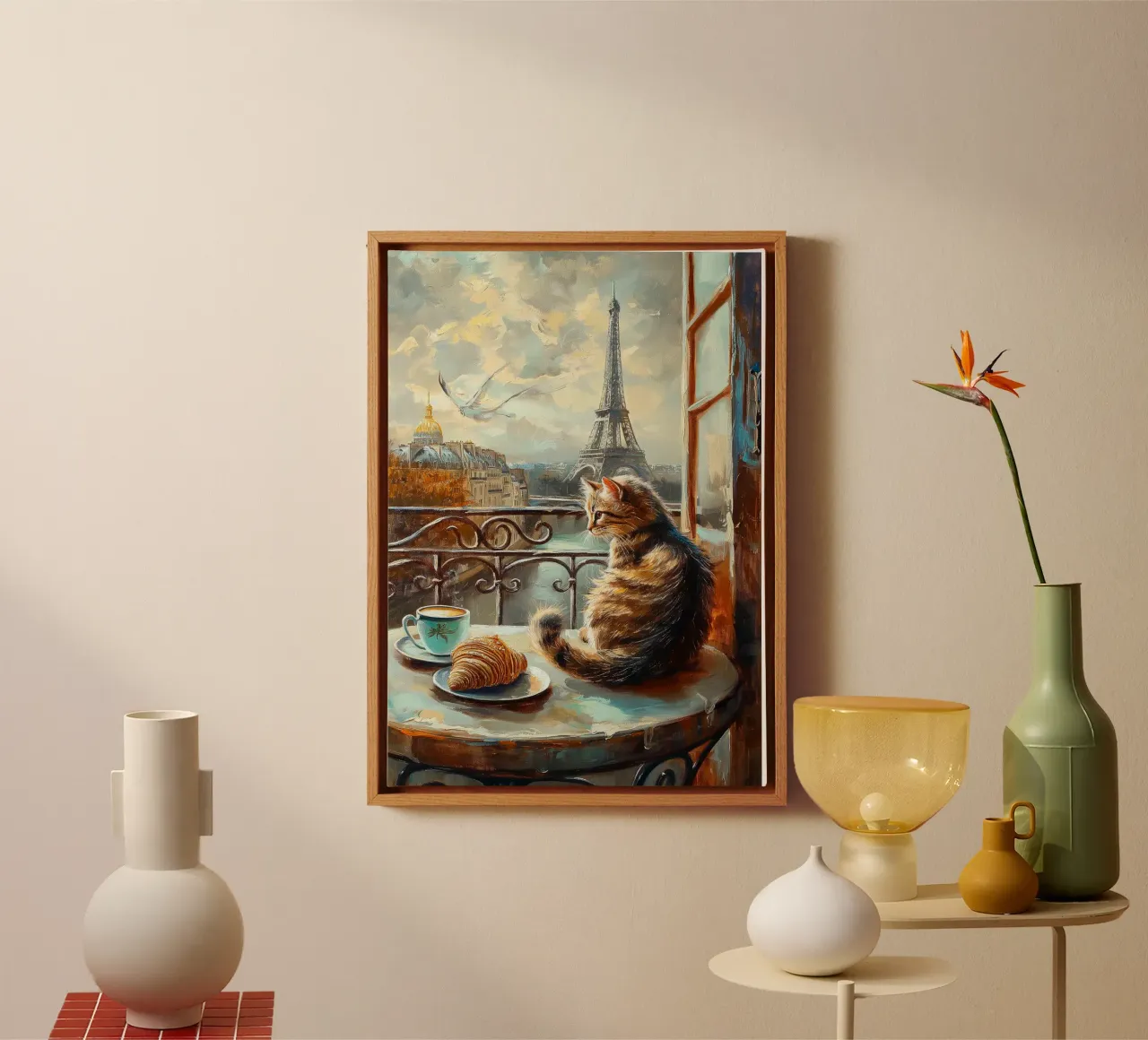 Parisian Cat with Croissant and Coffee canvas with Floater frame by Stellar Creative