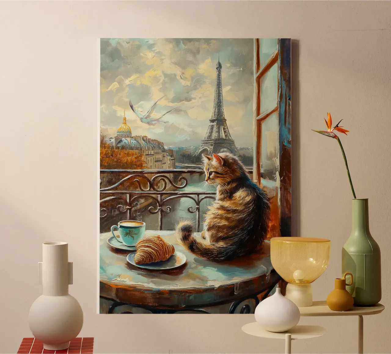 Parisian Cat with Croissant and Coffee canvas with Floater frame by Stellar Creative