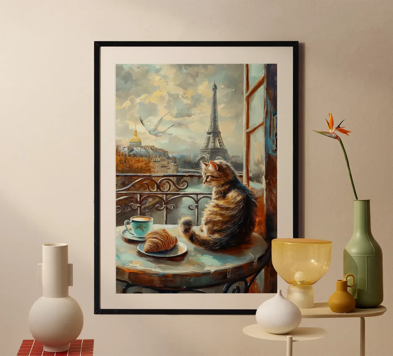 Gatto parigino con croissant e caffè poster da Stellar Creative