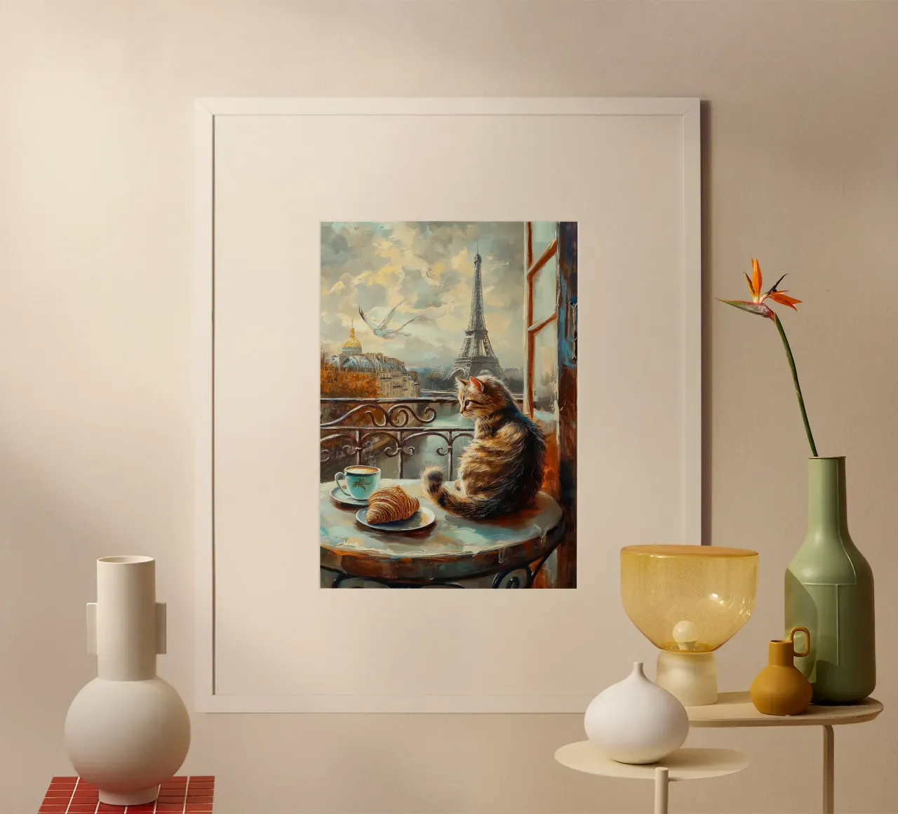 Gatto parigino con croissant e caffè poster da Stellar Creative