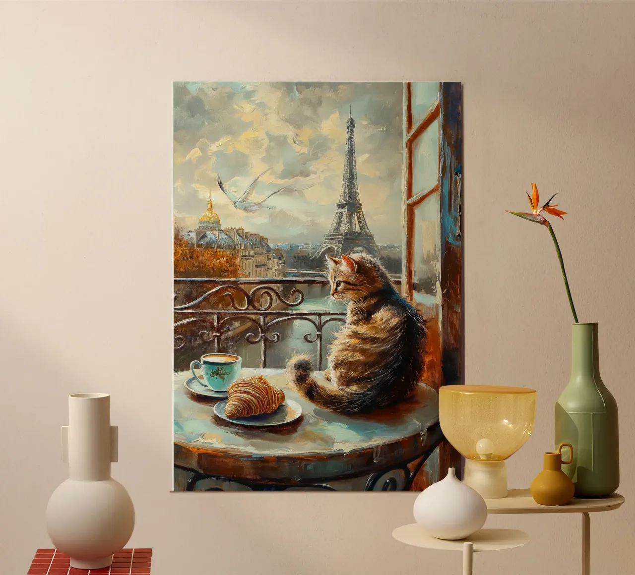 Gatto parigino con croissant e caffè poster da Stellar Creative