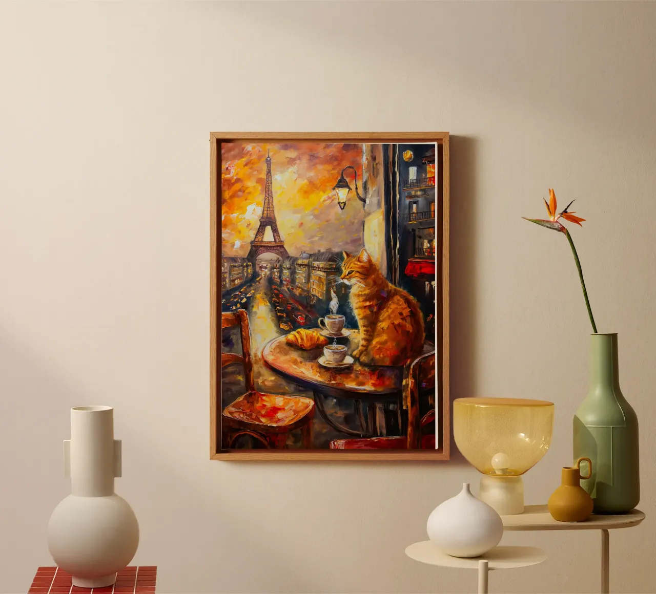 Parisian Cat Breakfast canvas with Floater frame by Voxel Visionaries