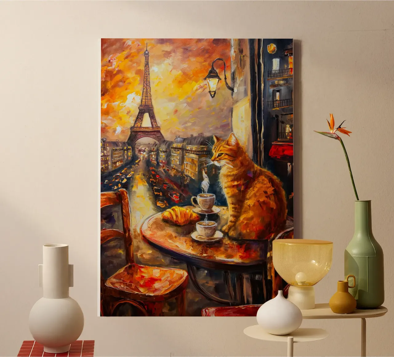 Parisian Cat Breakfast canvas with Floater frame by Voxel Visionaries