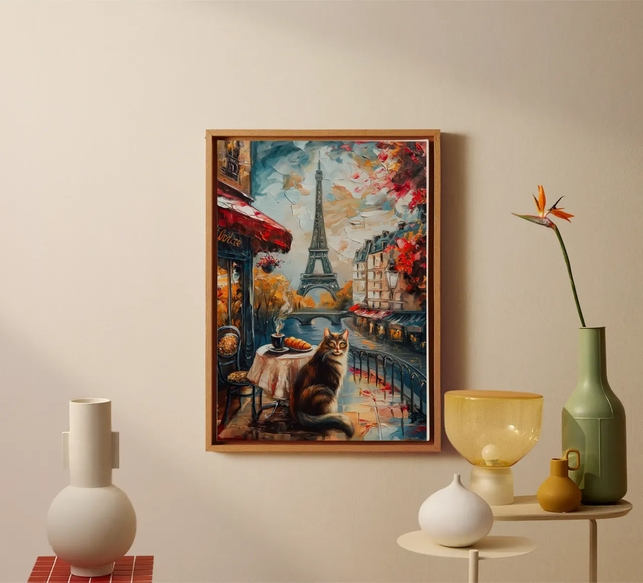 Parisian Cat Breakfast canvas with Floater frame by Voxel Visionaries