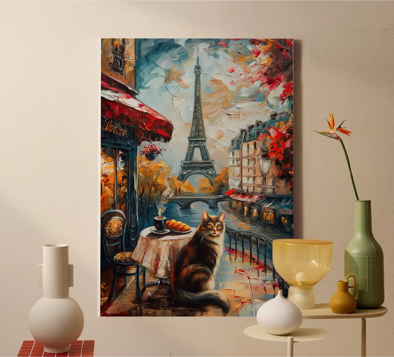 Parisian Cat Breakfast canvas with Floater frame by Voxel Visionaries