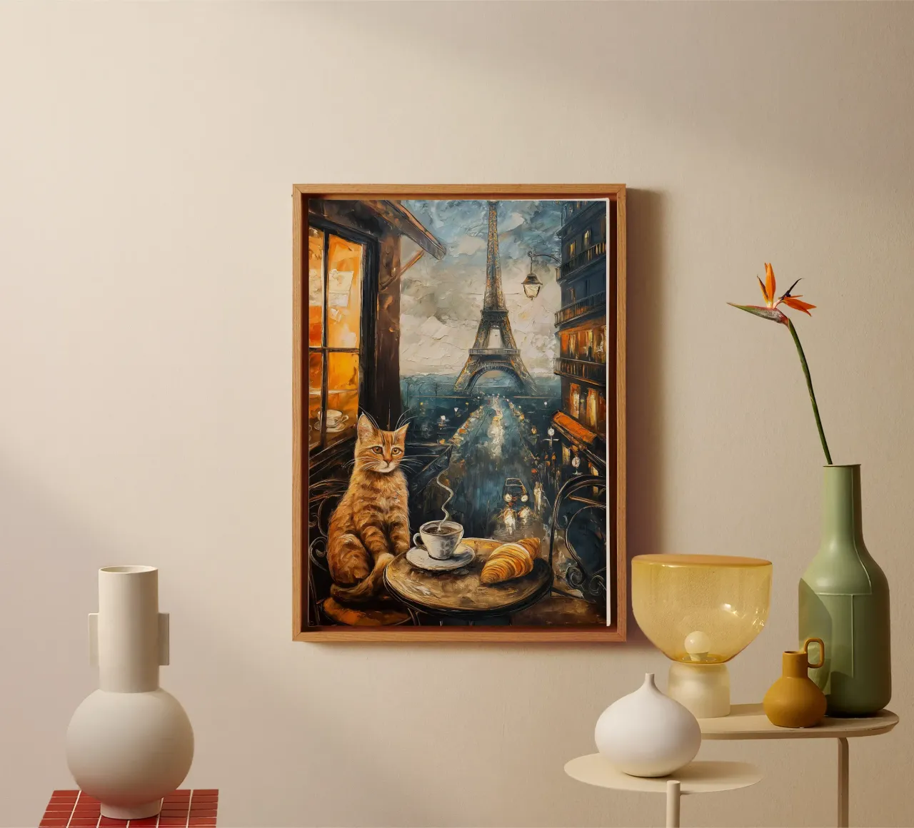 Parisian Cat Breakfast canvas with Floater frame by Voxel Visionaries