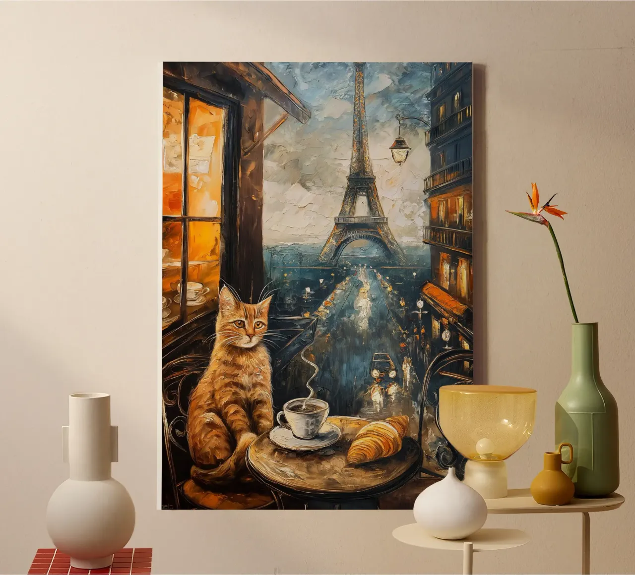 Parisian Cat Breakfast canvas with Floater frame by Voxel Visionaries