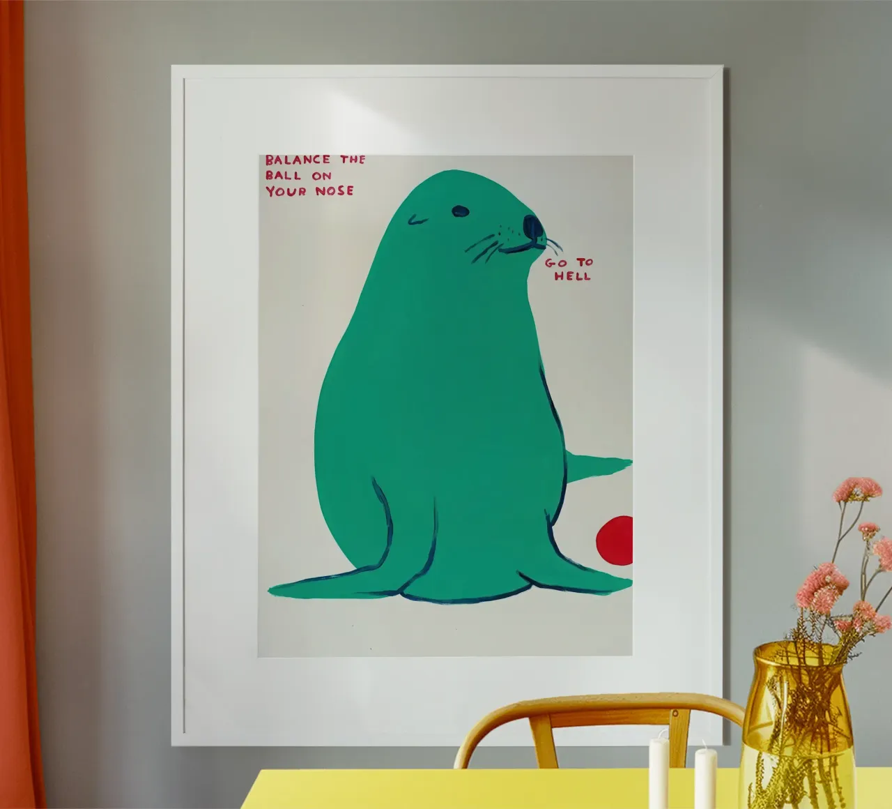 Bilanciare la palla sul naso - David Shrigley poster con telaio in alluminio da ushop god