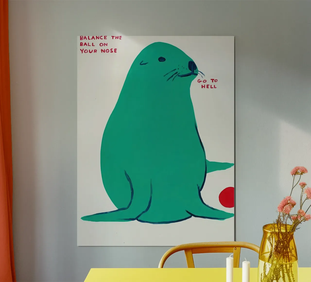 Bilanciare la palla sul naso - David Shrigley poster con telaio in alluminio da ushop god