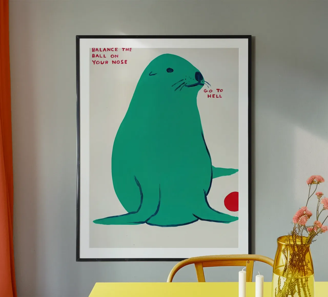 Bilanciare la palla sul naso - David Shrigley poster con telaio in alluminio da ushop god