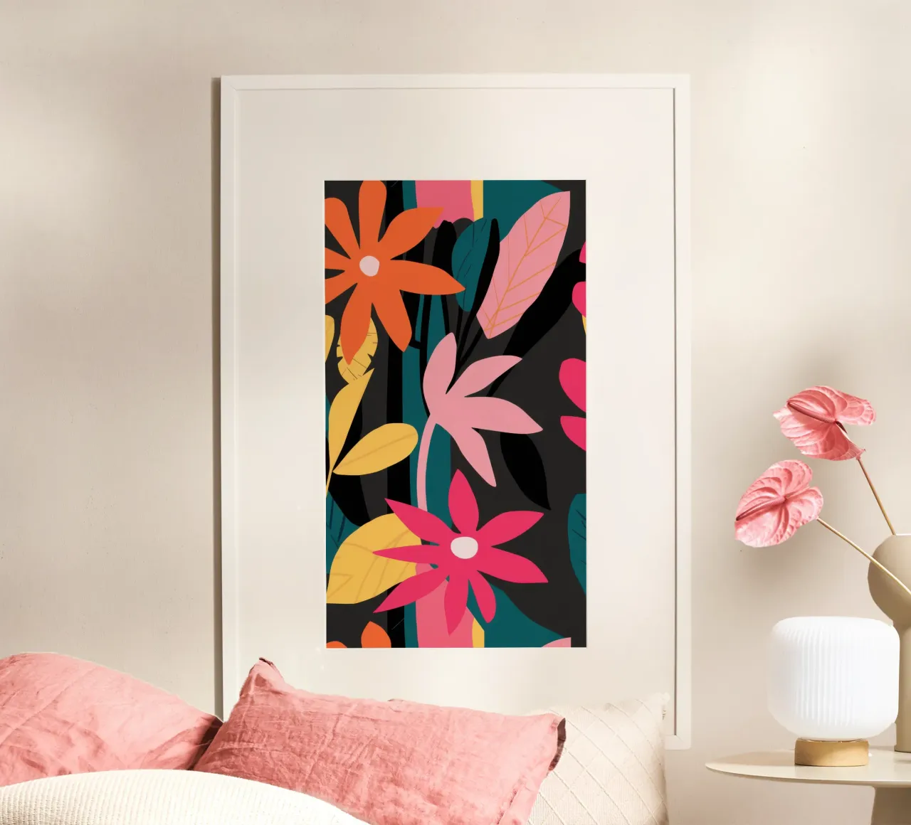 Fuoco floreale tropicale poster con telaio in legno da Echo Saber