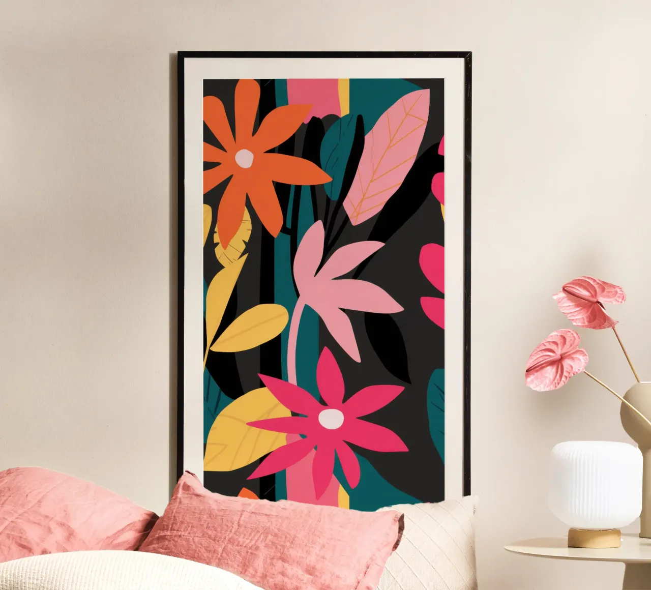 Fuoco floreale tropicale poster con telaio in legno da Echo Saber
